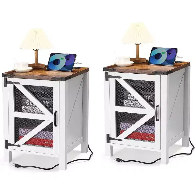 2-Piece Farmhouse Nightstand Set, 18 Barn Door End Tables with Storage, Rustic Wood Sofa Side Tables for Bedroom or Living Room, White &amp; Brown