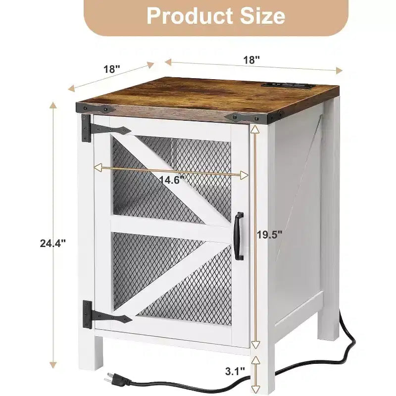 Lot de 2 tables de chevet de style campagnard, tables d'appoint de 45 cm avec porte de grange et rangement, tables d'appoint rustiques en bois pour chambre ou salon, blanc et marron
