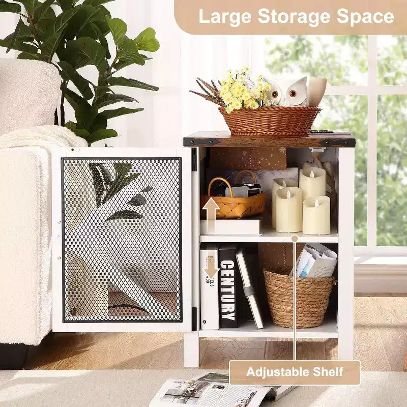 Lot de 2 tables de chevet de style campagnard, tables d'appoint de 45 cm avec porte de grange et rangement, tables d'appoint rustiques en bois pour chambre ou salon, blanc et marron