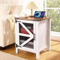 Lot de 2 tables de chevet de style campagnard, tables d'appoint de 45 cm avec porte de grange et rangement, tables d'appoint rustiques en bois pour chambre ou salon, blanc et marron