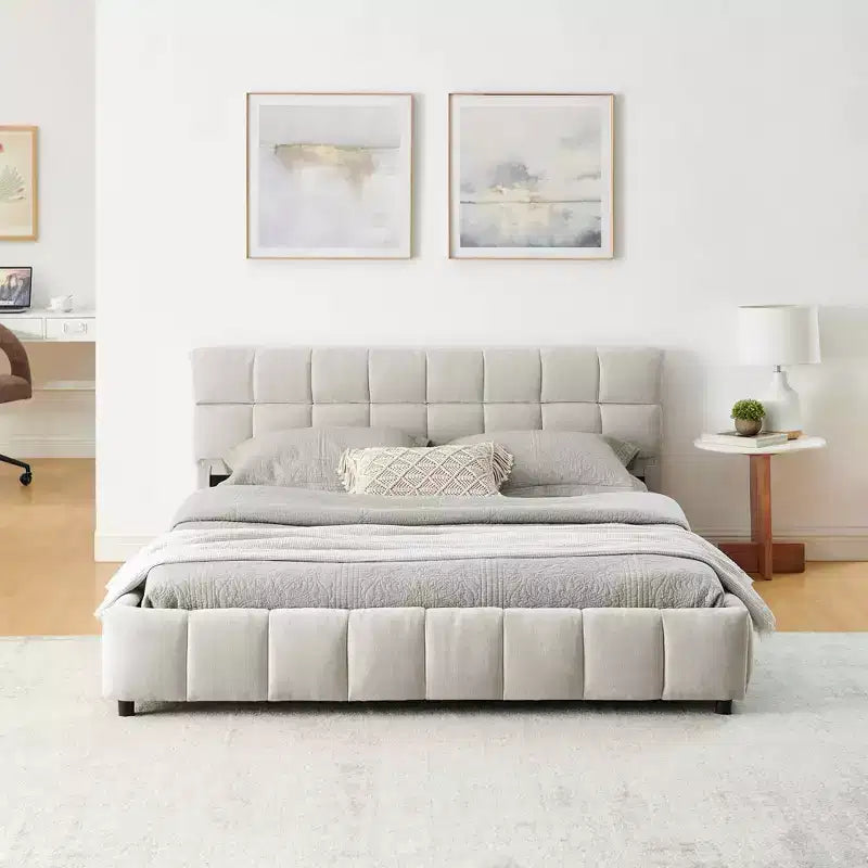 MAYEERTY Queen Size Upholstered Bed with Headboard Chenille Fabric Solid Bed Frame Drawer for Bedroom Beige