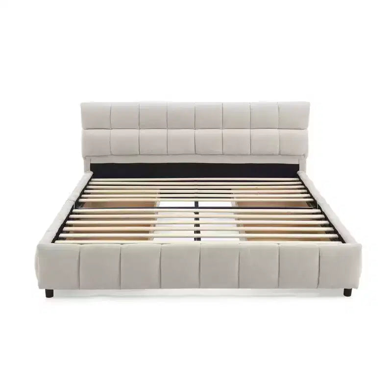 Lit capitonné Queen Size avec tête de lit en tissu chenille Cadre de lit solide avec tiroir pour chambre à coucher Beige
