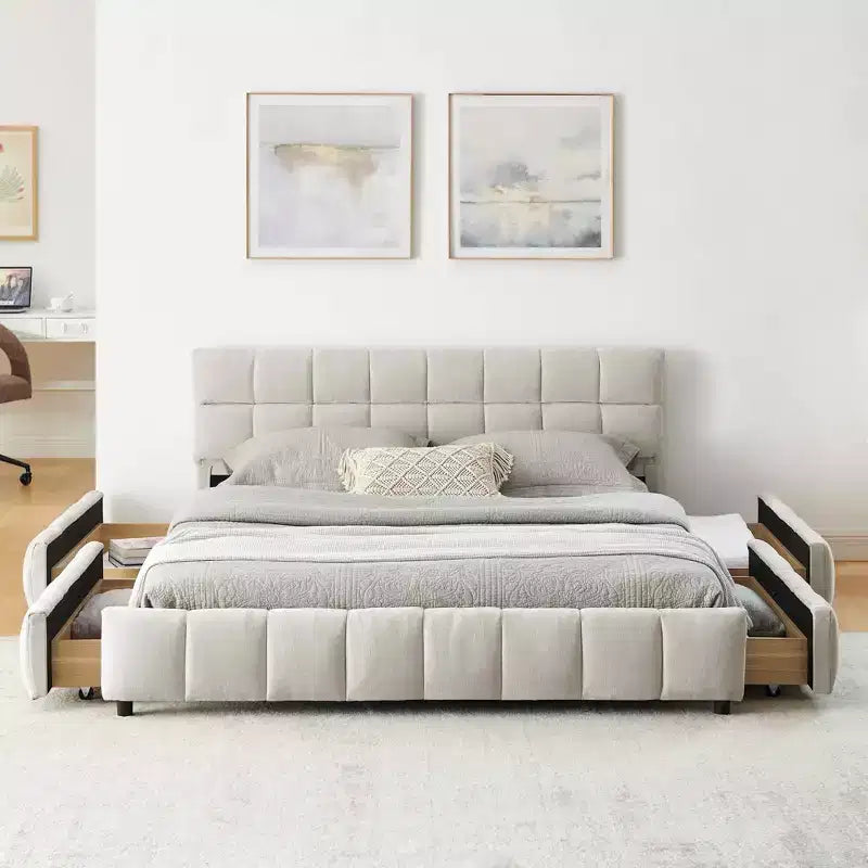Lit capitonné Queen Size avec tête de lit en tissu chenille Cadre de lit solide avec tiroir pour chambre à coucher Beige