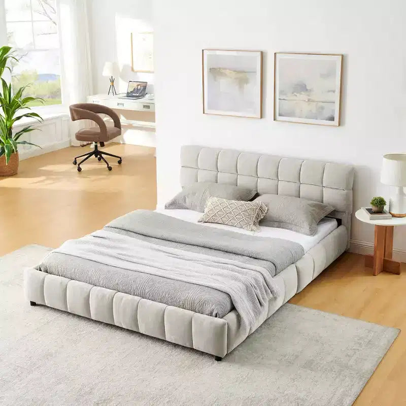 Lit capitonné Queen Size avec tête de lit en tissu chenille Cadre de lit solide avec tiroir pour chambre à coucher Beige