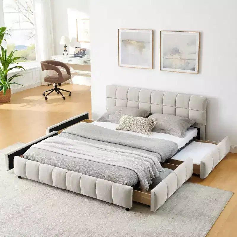 Lit capitonné Queen Size avec tête de lit en tissu chenille Cadre de lit solide avec tiroir pour chambre à coucher Beige