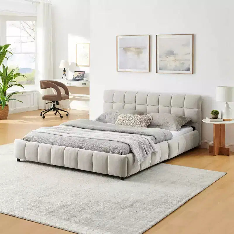 Lit capitonné Queen Size avec tête de lit en tissu chenille Cadre de lit solide avec tiroir pour chambre à coucher Beige