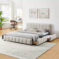 Lit capitonné Queen Size avec tête de lit en tissu chenille Cadre de lit solide avec tiroir pour chambre à coucher Beige
