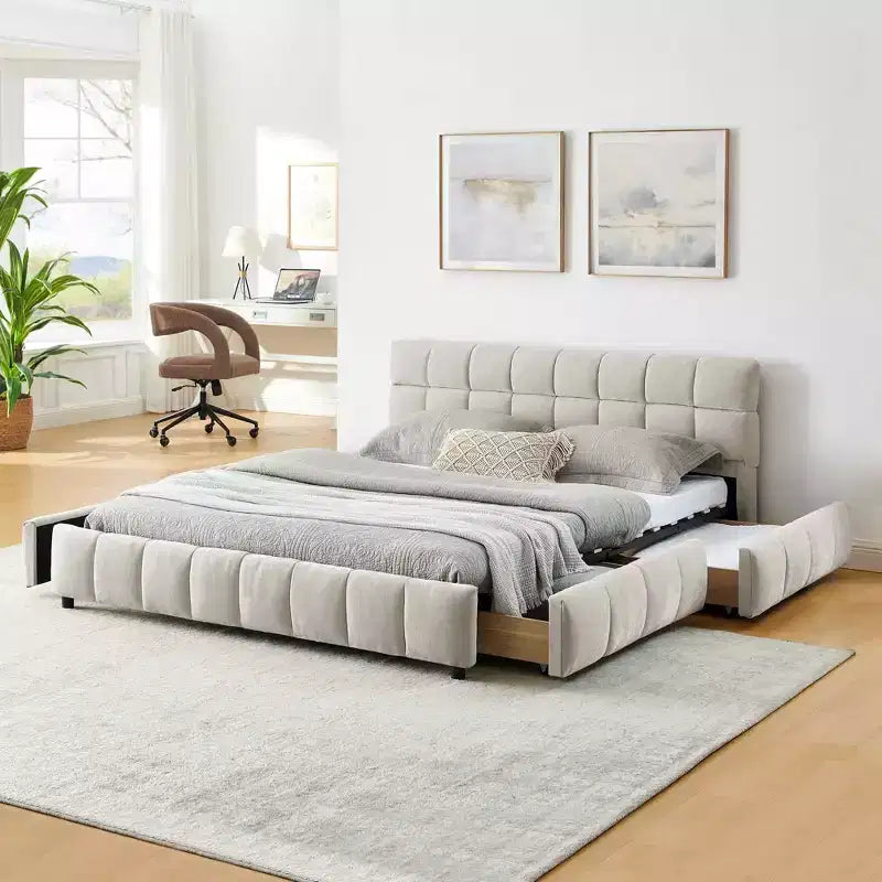 Lit capitonné Queen Size avec tête de lit en tissu chenille Cadre de lit solide avec tiroir pour chambre à coucher Beige
