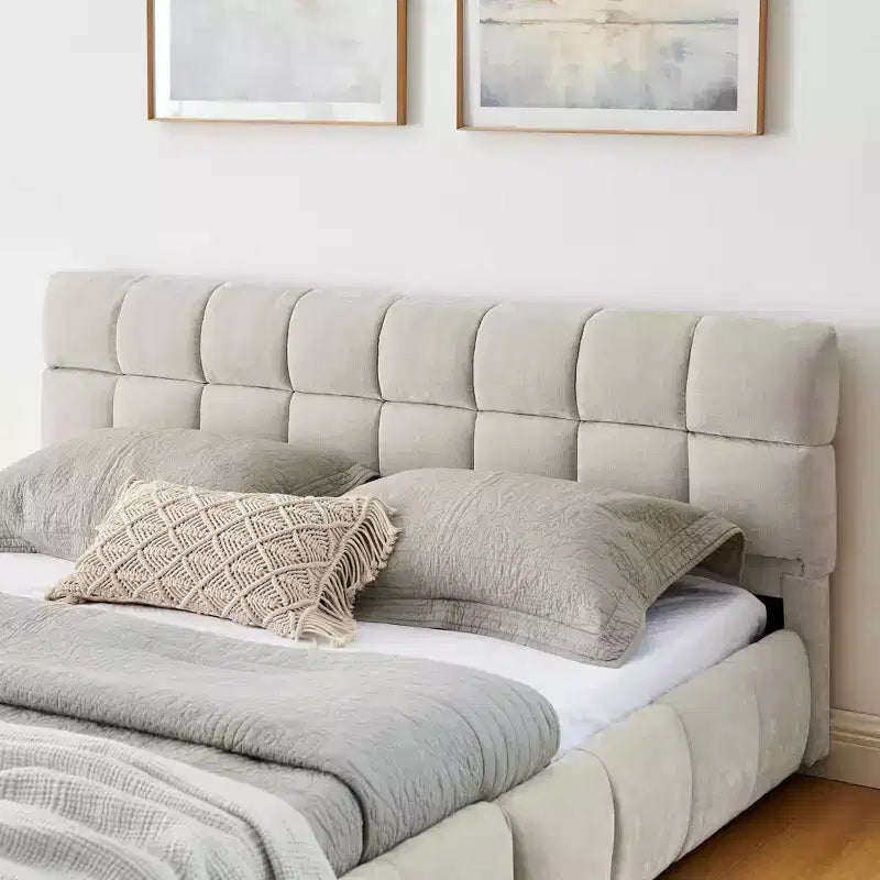 Lit capitonné Queen Size avec tête de lit en tissu chenille Cadre de lit solide avec tiroir pour chambre à coucher Beige