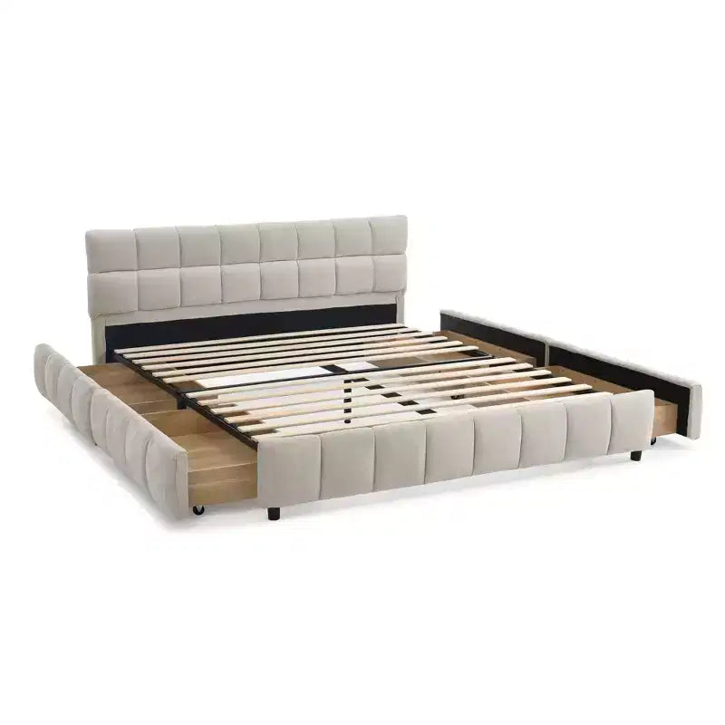 Lit capitonné Queen Size avec tête de lit en tissu chenille Cadre de lit solide avec tiroir pour chambre à coucher Beige