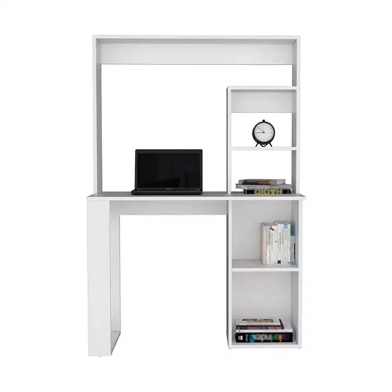 Bureau informatique, bureau d'écriture avec huche et 5 étagères de rangement, vaste plateau, poste de travail moderne pour ordinateur portable, bureau, chambre, étude