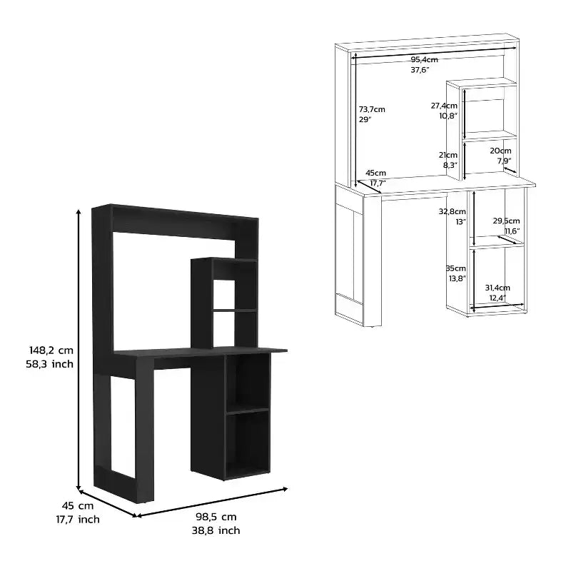 Bureau informatique, bureau d'écriture avec huche et 5 étagères de rangement, vaste plateau, poste de travail moderne pour ordinateur portable, bureau, chambre, étude