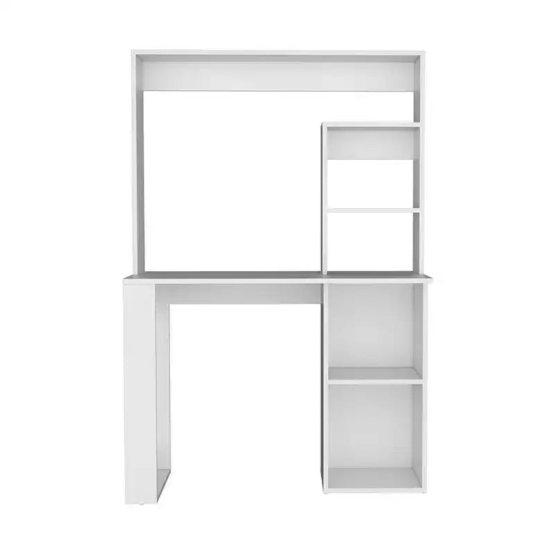Bureau informatique, bureau d'écriture avec huche et 5 étagères de rangement, vaste plateau, poste de travail moderne pour ordinateur portable, bureau, chambre, étude