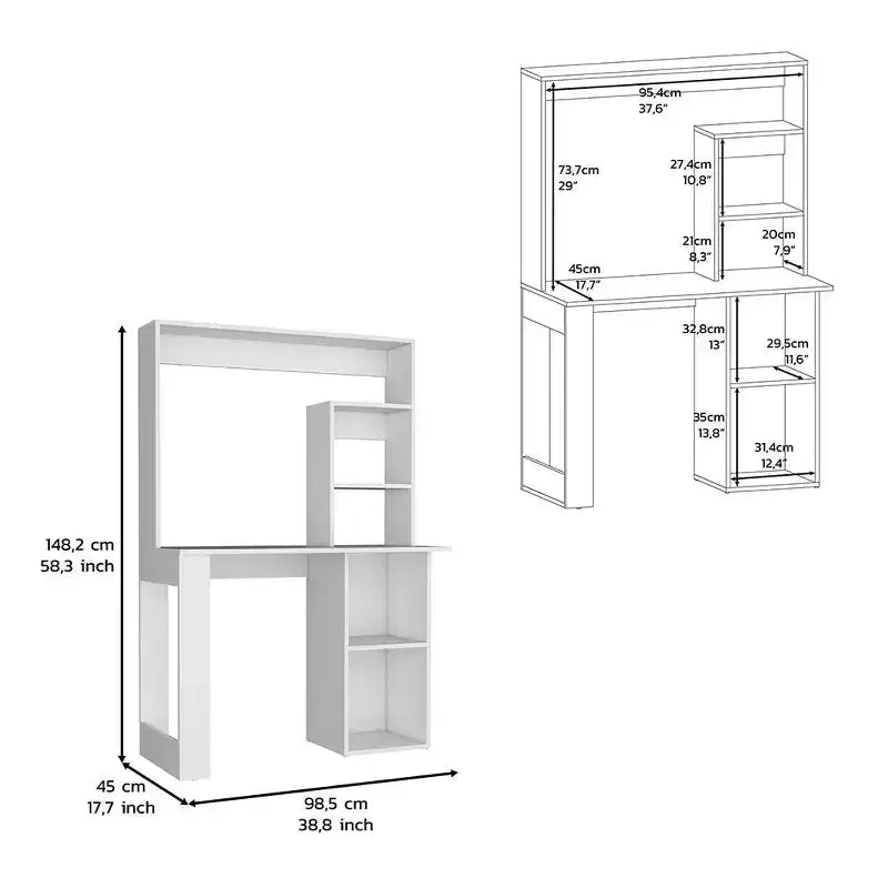 Bureau informatique, bureau d'écriture avec huche et 5 étagères de rangement, vaste plateau, poste de travail moderne pour ordinateur portable, bureau, chambre, étude