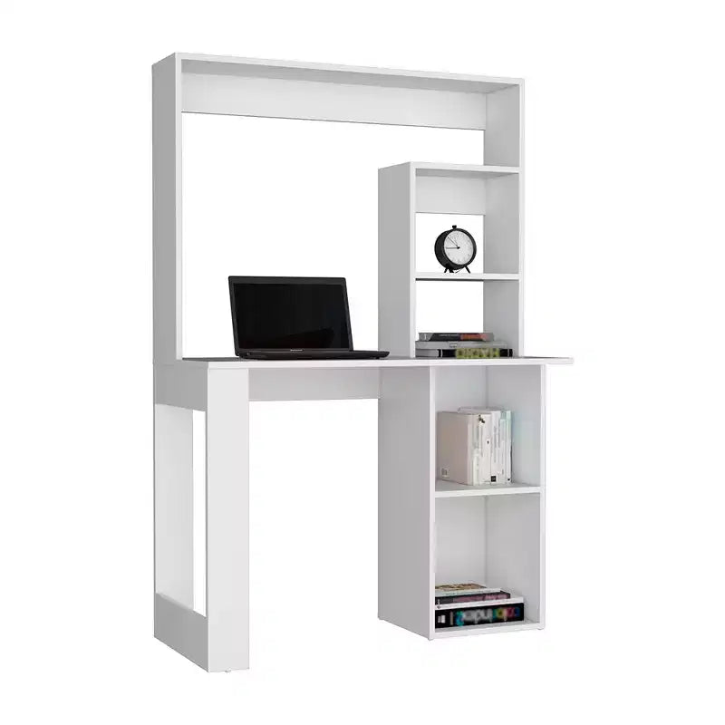 Bureau informatique, bureau d'écriture avec huche et 5 étagères de rangement, vaste plateau, poste de travail moderne pour ordinateur portable, bureau, chambre, étude