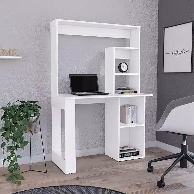 Bureau informatique, bureau d'écriture avec huche et 5 étagères de rangement, vaste plateau, poste de travail moderne pour ordinateur portable, bureau, chambre, étude