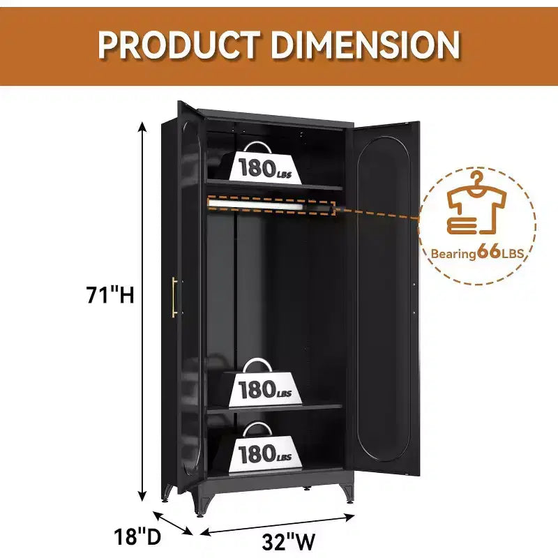 Armoire autoportante en métal de 180 cm de haut avec portes, étagères et tringle de penderie