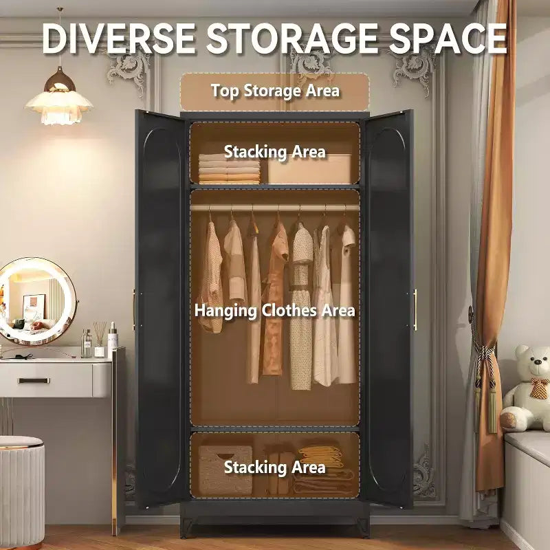 Armoire autoportante en métal de 180 cm de haut avec portes, étagères et tringle de penderie