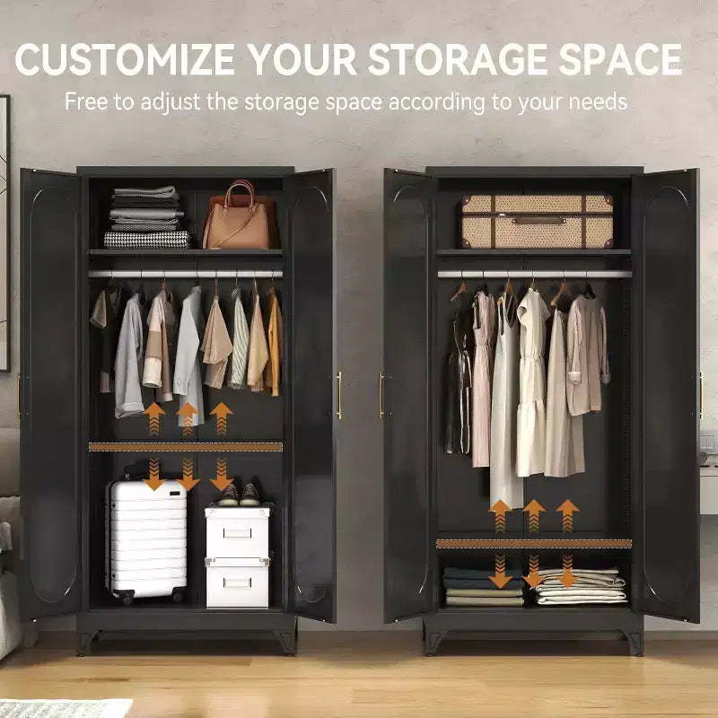 Armoire autoportante en métal de 180 cm de haut avec portes, étagères et tringle de penderie
