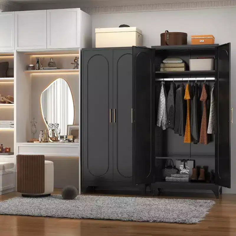 Armoire autoportante en métal de 180 cm de haut avec portes, étagères et tringle de penderie
