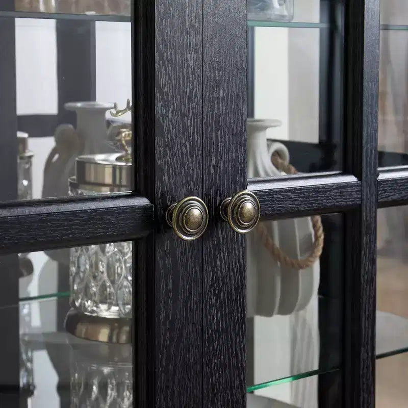 Bibliothèque vitrine antique - MDF noir+Verre, 4 portes, Étagères réglables, Ampoule E26