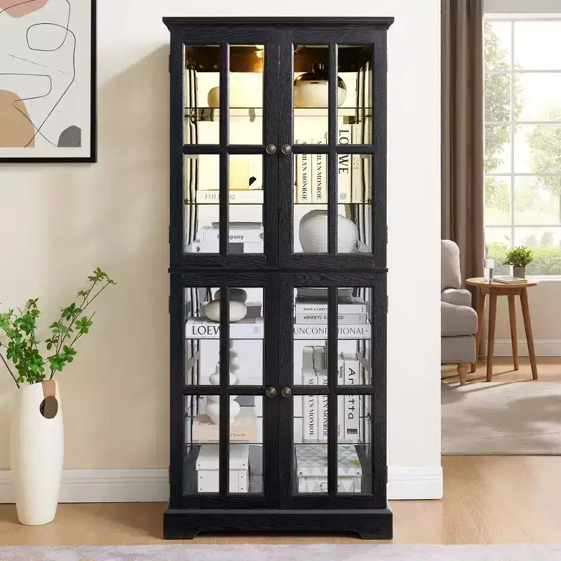 Bibliothèque vitrine antique - MDF noir+Verre, 4 portes, Étagères réglables, Ampoule E26