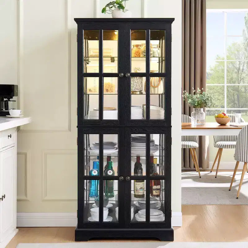 Bibliothèque vitrine antique - MDF noir+Verre, 4 portes, Étagères réglables, Ampoule E26