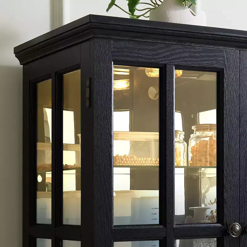 Bibliothèque vitrine antique - MDF noir+Verre, 4 portes, Étagères réglables, Ampoule E26
