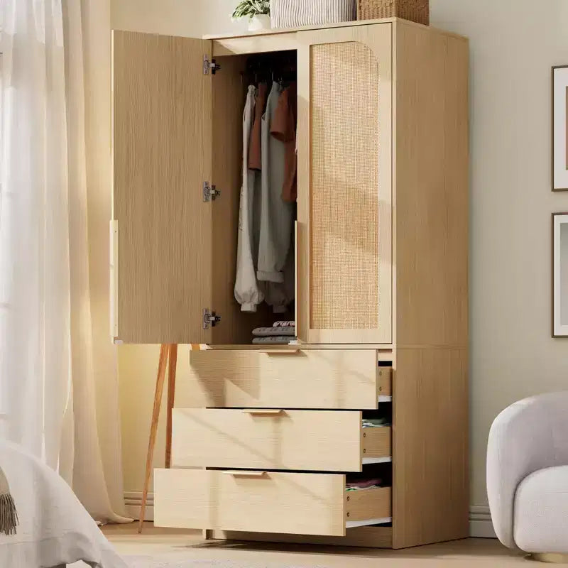 Armoire Wardrobe Closet, 69.5 in Wooden Wardrobe Cabinet with 3 Drawers, Hanging Rod, 2 Doors Clothing Storage Cabinet for Bedroom