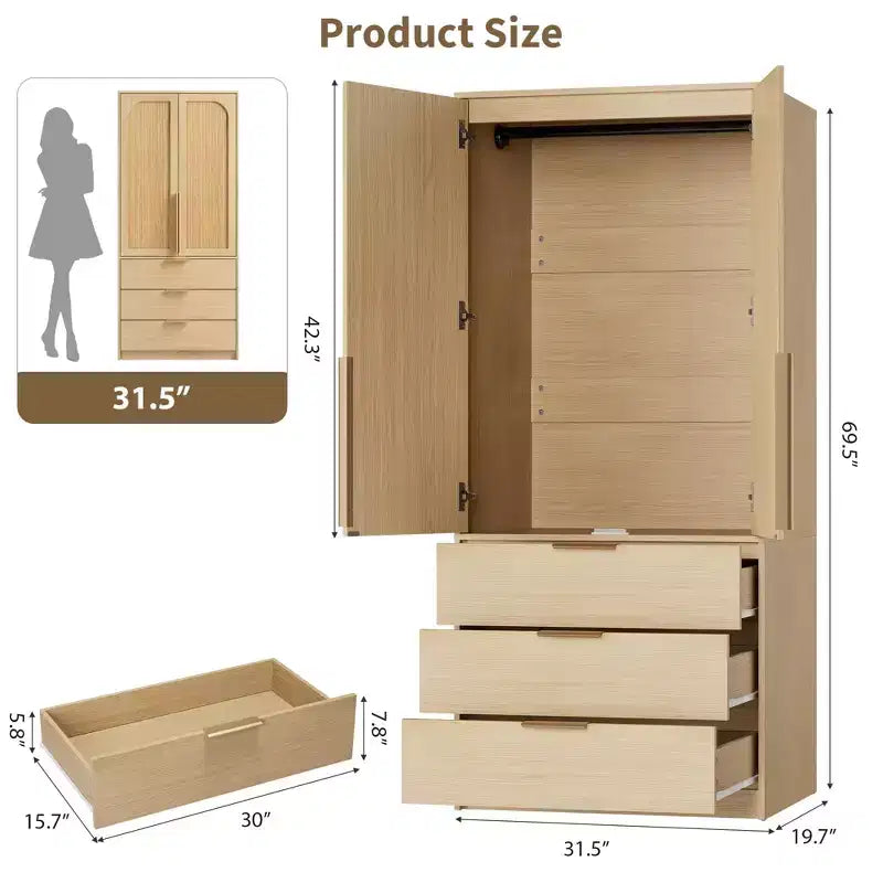 Armoire penderie de 69,5 po, meuble de rangement en bois avec 3 tiroirs, tringle de suspension, armoire de rangement pour vêtements à 2 portes pour chambre à coucher