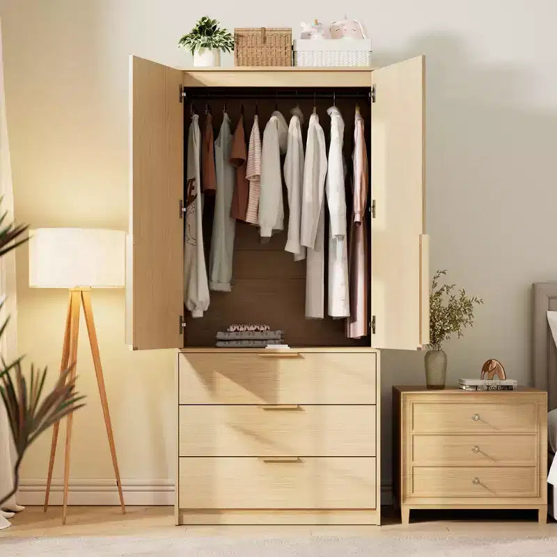 Armoire penderie de 69,5 po, meuble de rangement en bois avec 3 tiroirs, tringle de suspension, armoire de rangement pour vêtements à 2 portes pour chambre à coucher