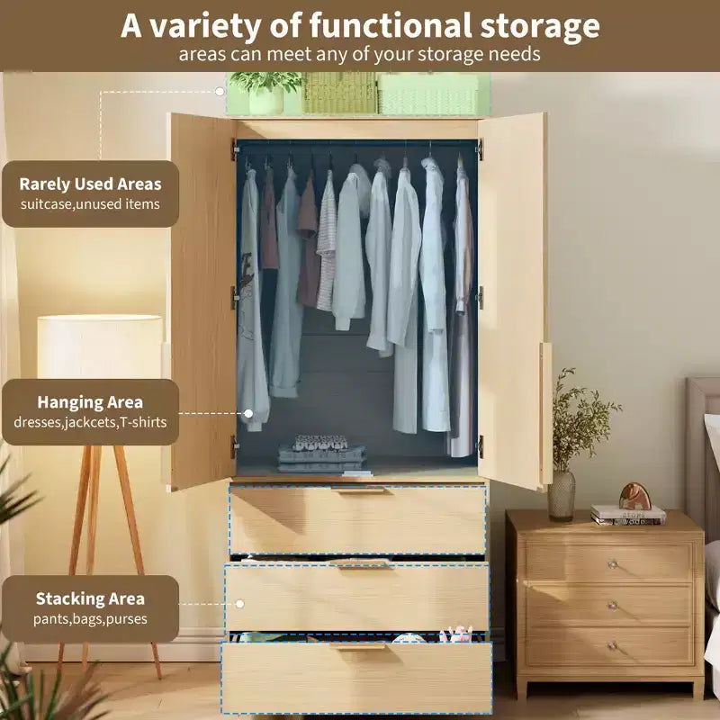 Armoire penderie de 69,5 po, meuble de rangement en bois avec 3 tiroirs, tringle de suspension, armoire de rangement pour vêtements à 2 portes pour chambre à coucher