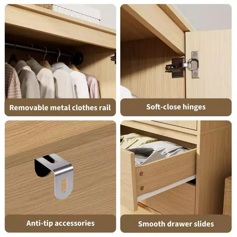 Armoire penderie de 69,5 po, meuble de rangement en bois avec 3 tiroirs, tringle de suspension, armoire de rangement pour vêtements à 2 portes pour chambre à coucher