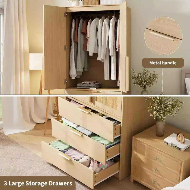 Armoire penderie de 69,5 po, meuble de rangement en bois avec 3 tiroirs, tringle de suspension, armoire de rangement pour vêtements à 2 portes pour chambre à coucher