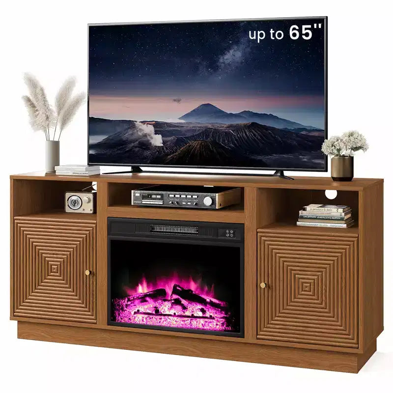 Meuble TV avec cheminée pour téléviseurs jusqu'à 65'' avec rangement et étagères réglables