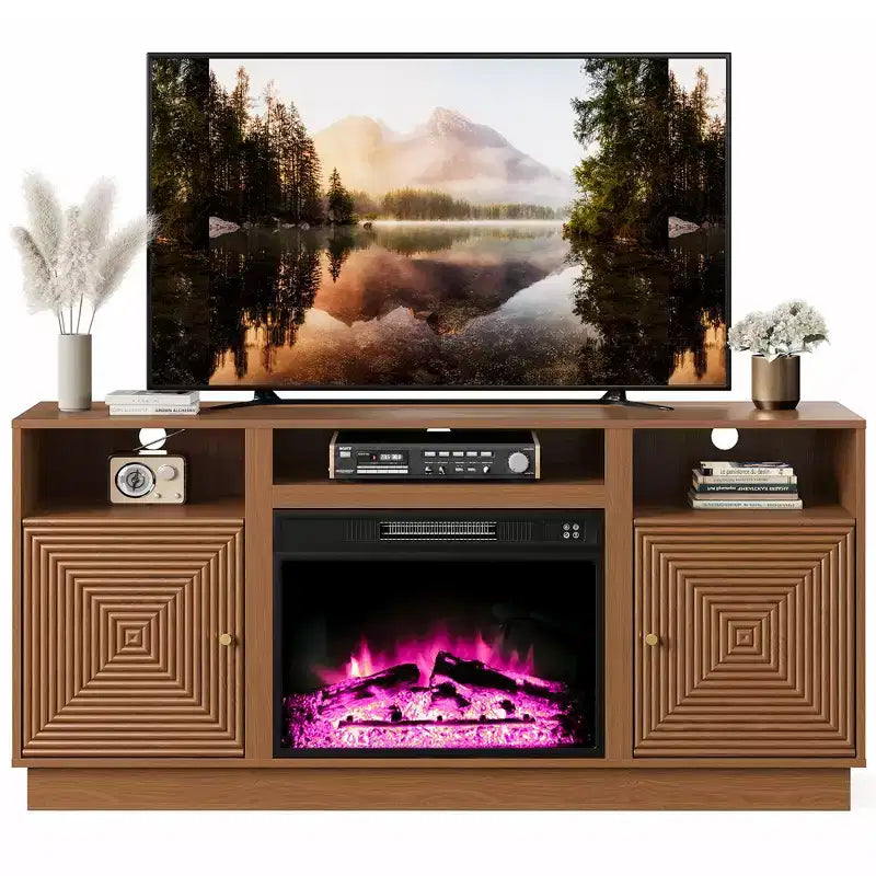 Meuble TV avec cheminée pour téléviseurs jusqu'à 65'' avec rangement et étagères réglables