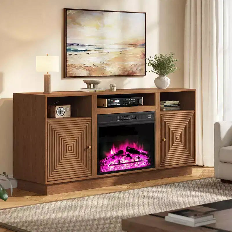 Meuble TV avec cheminée pour téléviseurs jusqu'à 65'' avec rangement et étagères réglables