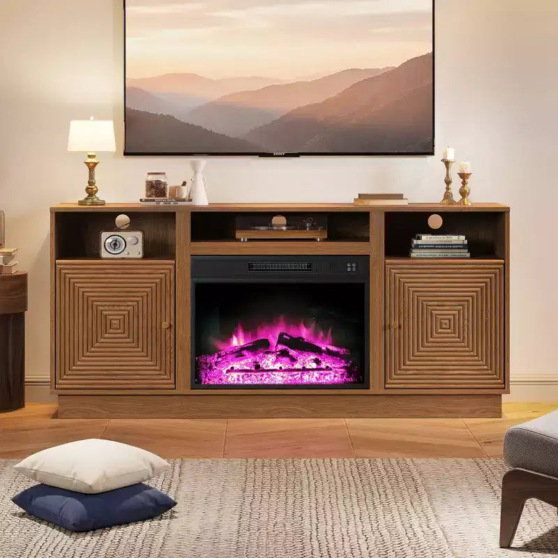 Meuble TV avec cheminée pour téléviseurs jusqu'à 65'' avec rangement et étagères réglables