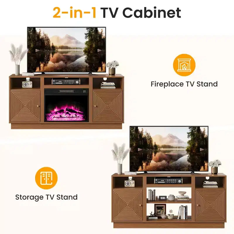 Meuble TV avec cheminée pour téléviseurs jusqu'à 65'' avec rangement et étagères réglables