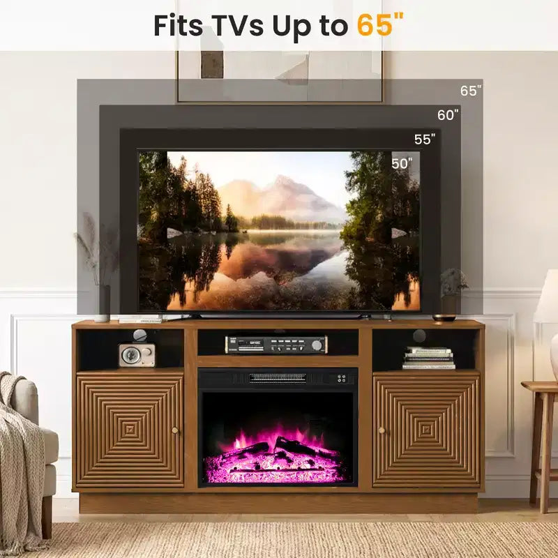 Meuble TV avec cheminée pour téléviseurs jusqu'à 65'' avec rangement et étagères réglables