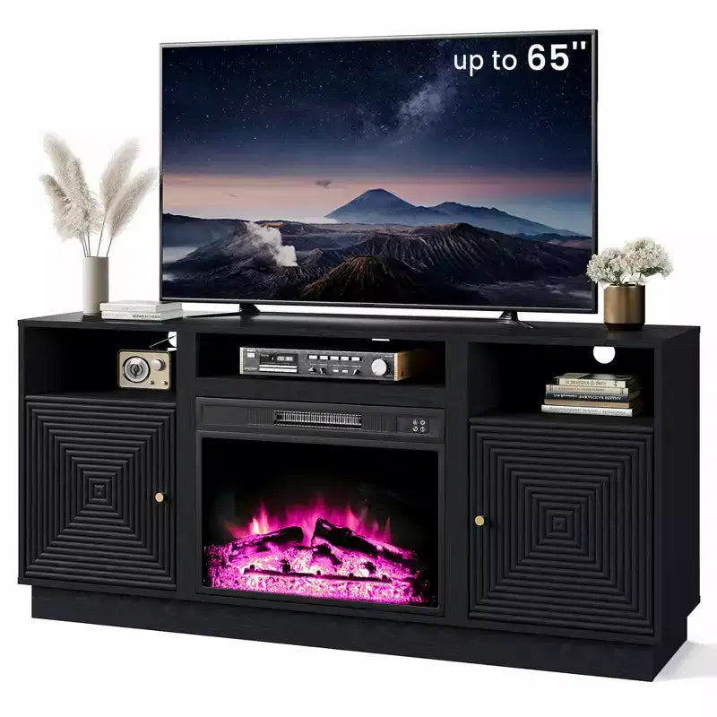 Meuble TV avec cheminée pour téléviseurs jusqu'à 65'' avec rangement et étagères réglables