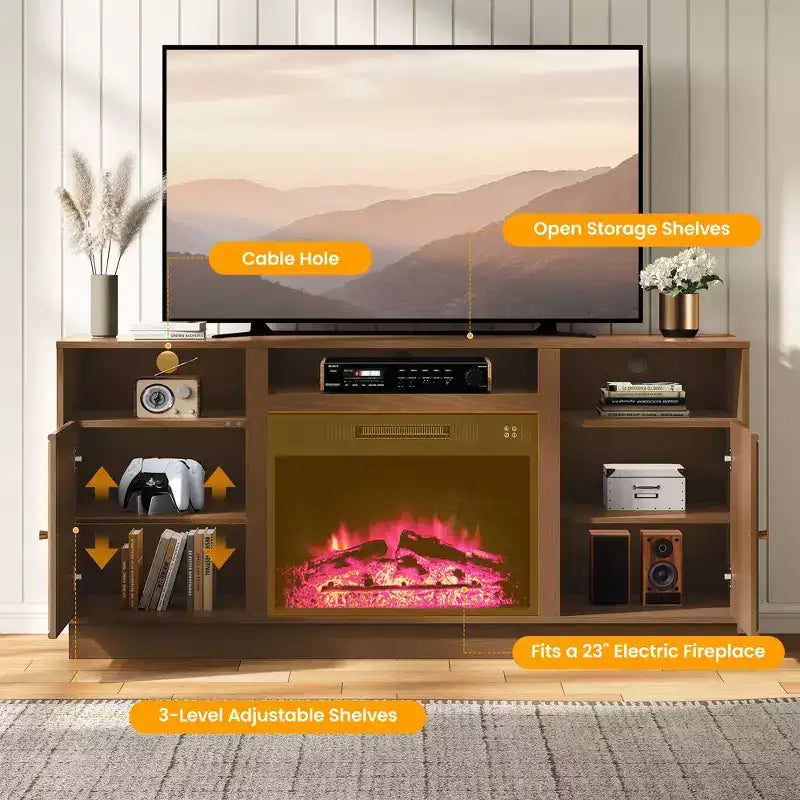 Meuble TV avec cheminée pour téléviseurs jusqu'à 65'' avec rangement et étagères réglables