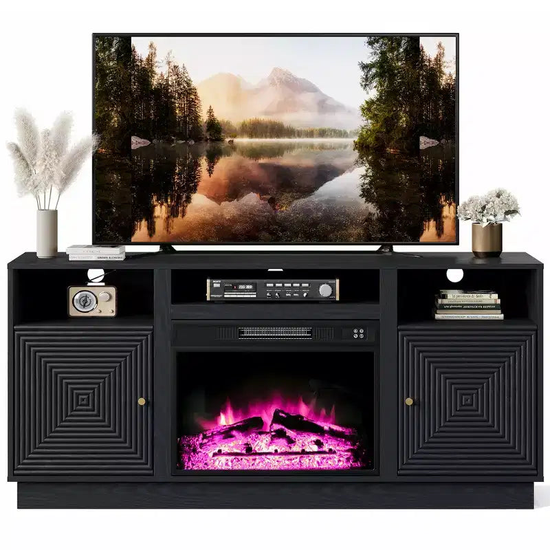 Meuble TV avec cheminée pour téléviseurs jusqu'à 65'' avec rangement et étagères réglables