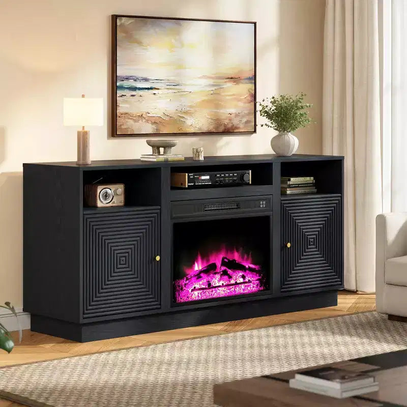 Meuble TV avec cheminée pour téléviseurs jusqu'à 65'' avec rangement et étagères réglables