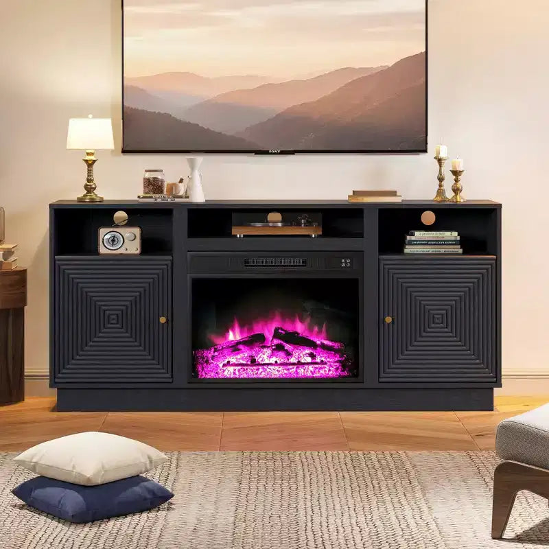 Meuble TV avec cheminée pour téléviseurs jusqu'à 65'' avec rangement et étagères réglables
