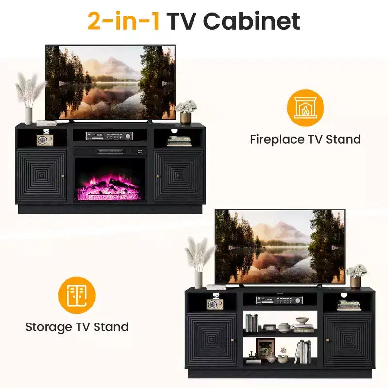 Meuble TV avec cheminée pour téléviseurs jusqu'à 65'' avec rangement et étagères réglables