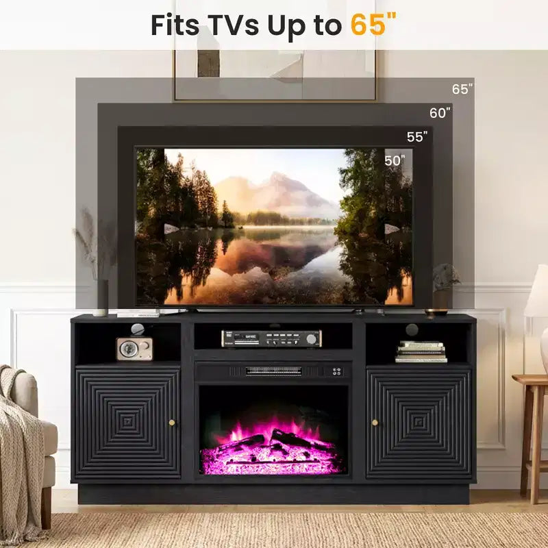 Meuble TV avec cheminée pour téléviseurs jusqu'à 65'' avec rangement et étagères réglables
