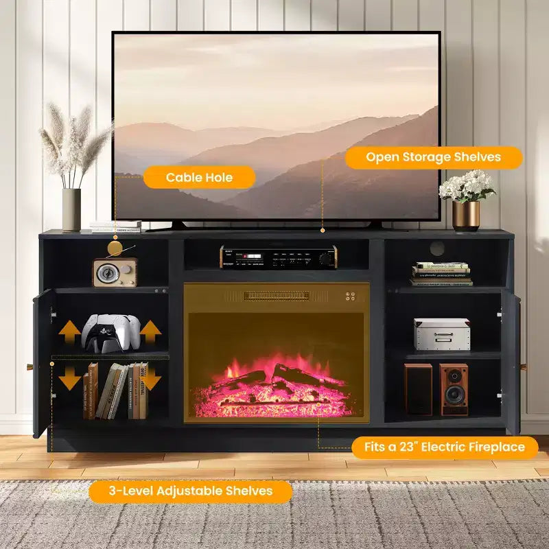 Meuble TV avec cheminée pour téléviseurs jusqu'à 65'' avec rangement et étagères réglables