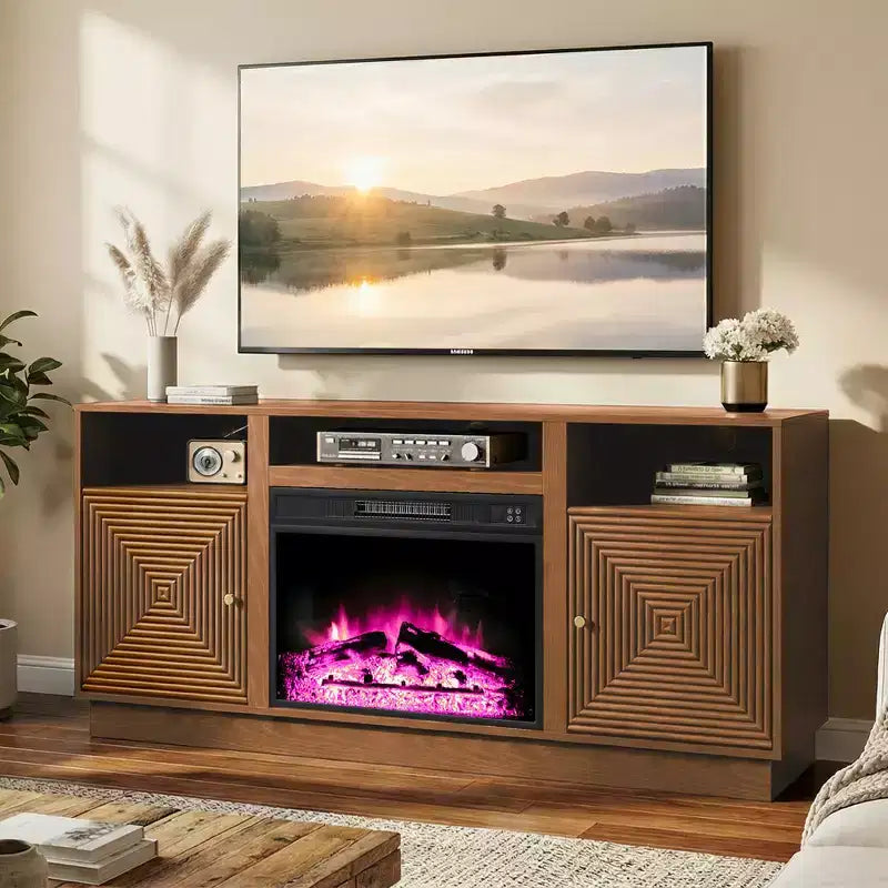 Meuble TV avec cheminée pour téléviseurs jusqu'à 65'' avec rangement et étagères réglables