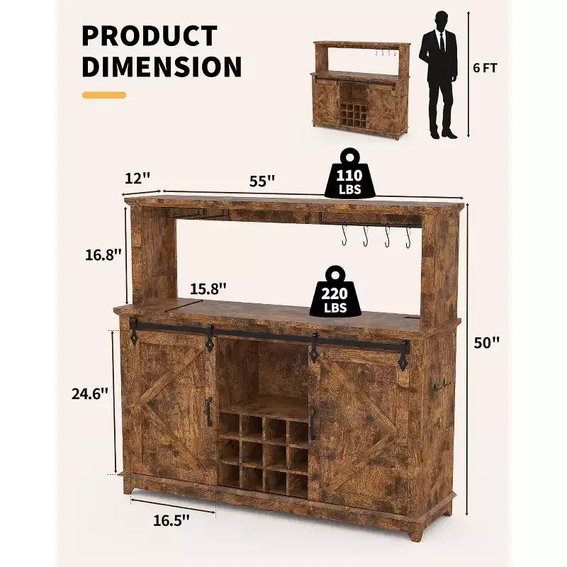 Meuble de Bar/Café de 140 cm avec Lumières LED et Prise Électrique, Porte Coulissante Type Grange, Porte-Verres à Vin et Rangement pour Salle à Manger